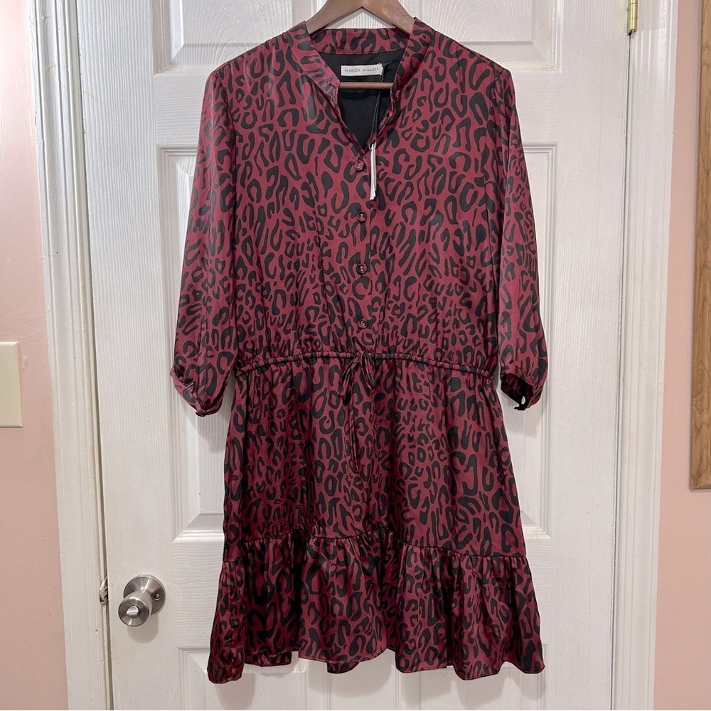 Rebecca Minkoff Dress Ollie Animal Print Fully Lined Burgundy Black Size XL - Picture 2 of 7
